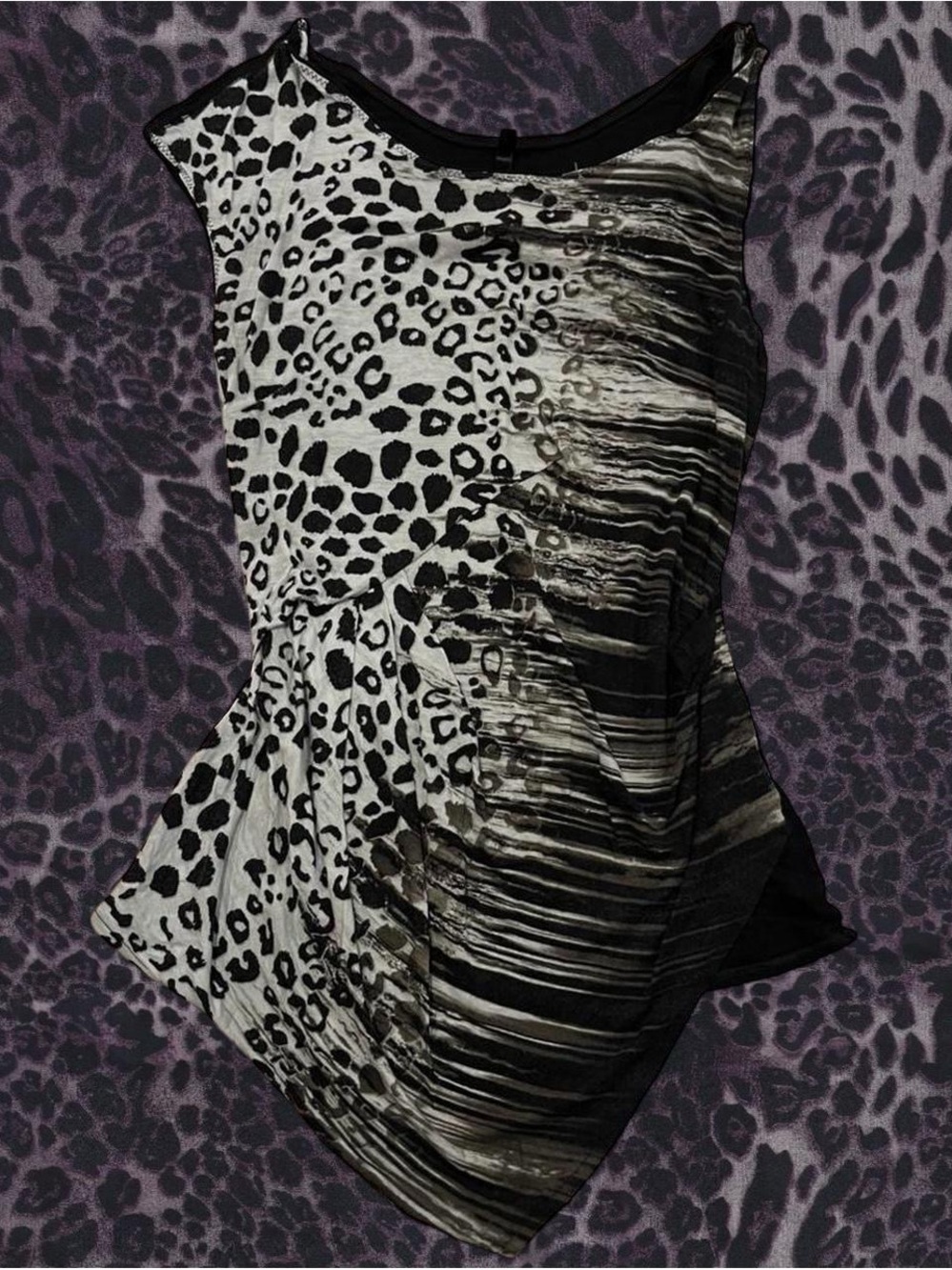 Black & grey asymmetrical leopard print top